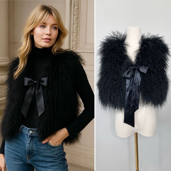 Chaarm NY Tibetan Mongolian Lamb Fur Vest Satin Ribbon XS/S Crop Boho Glam Rock - Picture 1 of 16